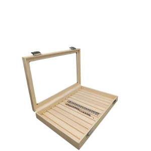 Yeni Cam Kapaklı İmera Deri Kumaş Krem Renk 34 cm / 24 cm Bölmeli Kolye-Bileklik Tablası