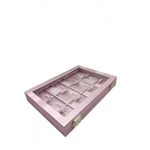 Yeni Cam Kapaklı İmera Deri Kumaş Pembe Renk 34 cm / 24 cm Üçlü Set Tablası