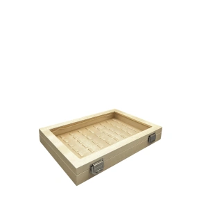 Yeni Cam Kapaklı İmera Deri Kumaş Krem Renk 34 cm / 24 cm Tırnaklı Yüzük Tablası