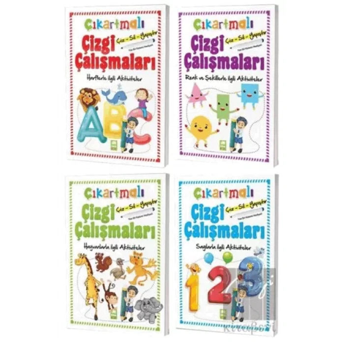 Çiz-Sil-Yapıştır Çıkartmalı Çizgi Çalışmaları Seti (4 Kitap Takım)