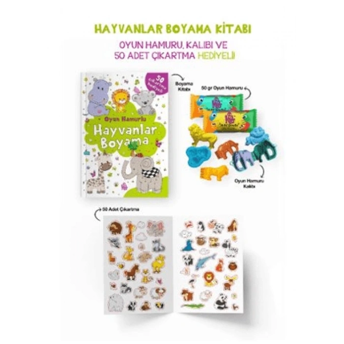 Hayvanlar Boyama Kitabı - Oyun Hamuru, Oyuncak ve Çıkartma Hediyeli