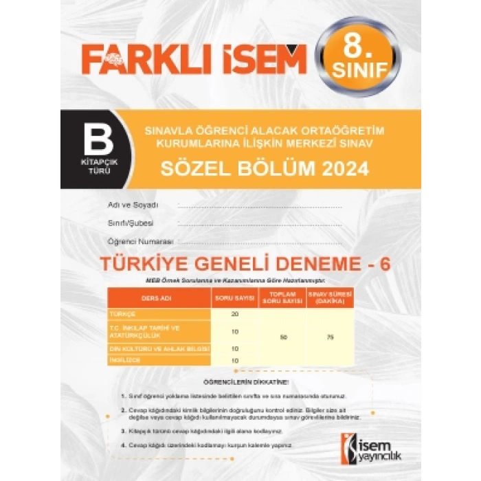 LGS 6 Deneme Sınavı B Kitapçığı Sözel