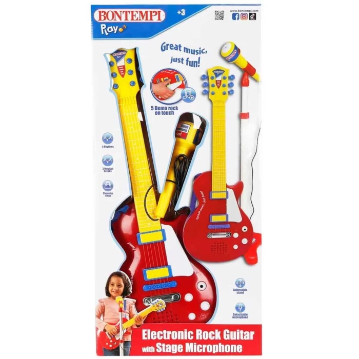Bontempi Ayaklı Mikrofonlu Kırmızı Elektronik Çocuk Rock Gitarı