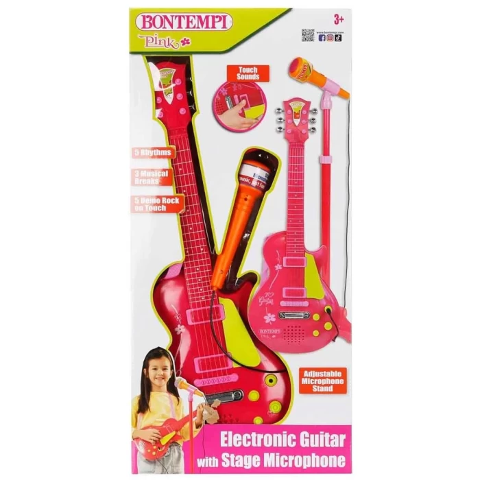 Bontempi Ayaklı Mikrofonlu Pembe Elektronik Çocuk Rock Gitarı
