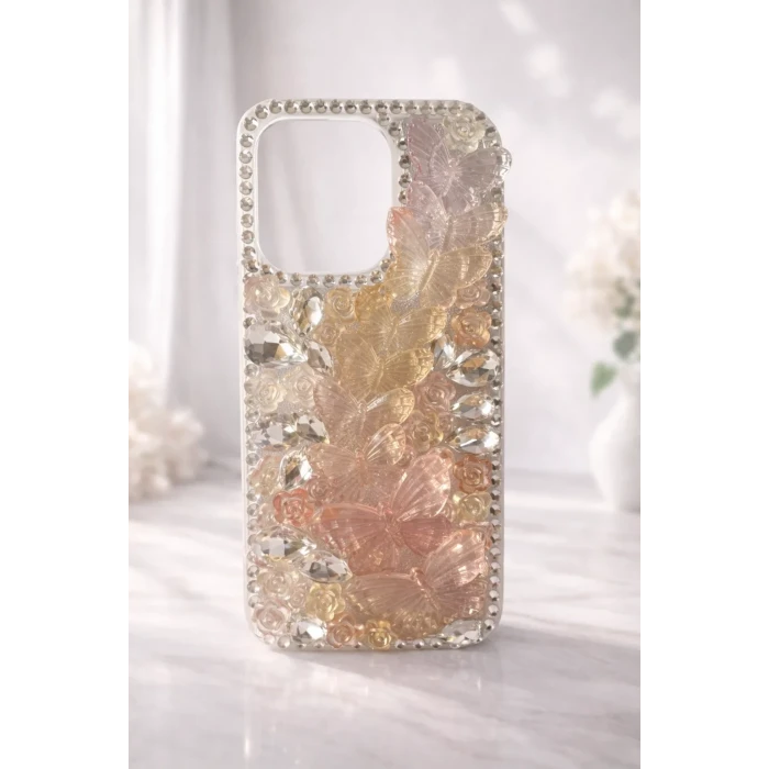 İphone 15 Pro ile Uyumlu Kelebek Taşlı Zarif Blur Case