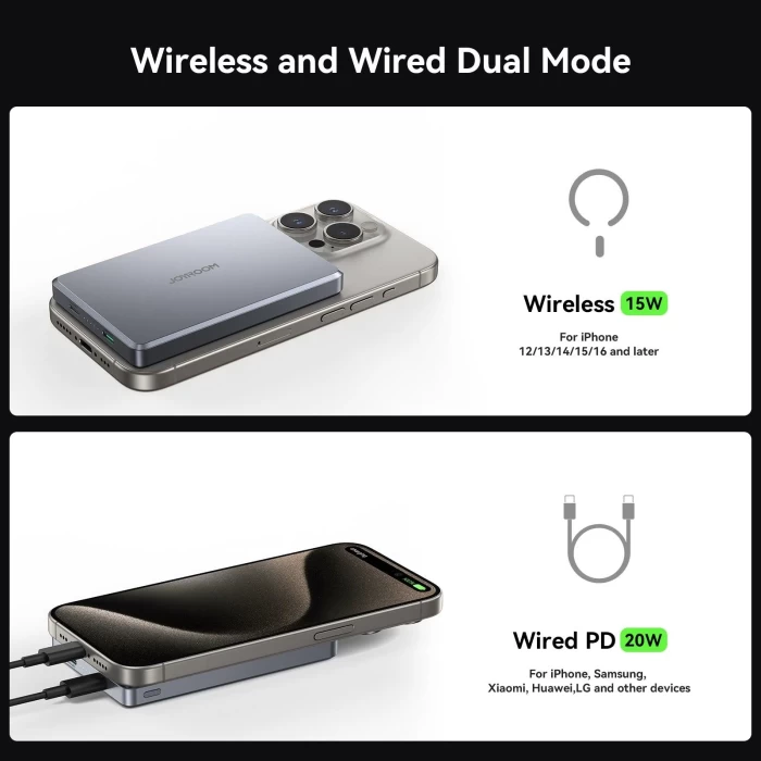 Joyroom 20W Ultra-Slim Metal MagSafe Kablosuz Ve Kablolu 20W Hızlı Şarj Power Bank 10.000mAh