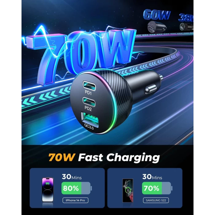 Joyroom 70W 3 Baglantı Noktalı Port Araç Şarj Çakmaklık Girişi
