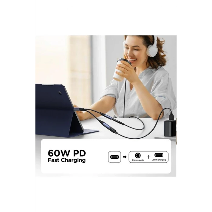 Joyroom Audio Adaptör 2İN1 (Type-C to 3.5mm+Type-C)-Siyah