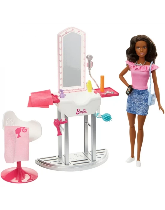 Barbie Bebek Ve Güzellik Salonu Oyun Seti Fjb37