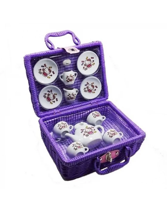 Hello Kitty Porselen Çay Seti 13 Parça Mor Çantalı