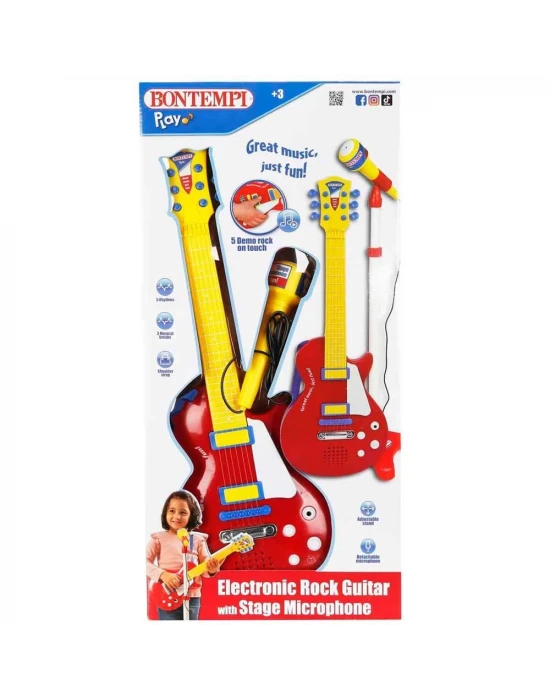 Bontempi Ayaklı Mikrofonlu Kırmızı Elektronik Çocuk Rock Gitarı