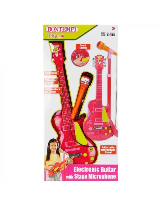 Bontempi Ayaklı Mikrofonlu Pembe Elektronik Çocuk Rock Gitarı