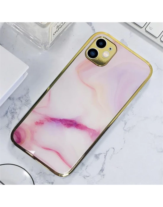 İphone 11 Marble Parlak Mermer Desenli Cam Kare Telefon Kılıfı