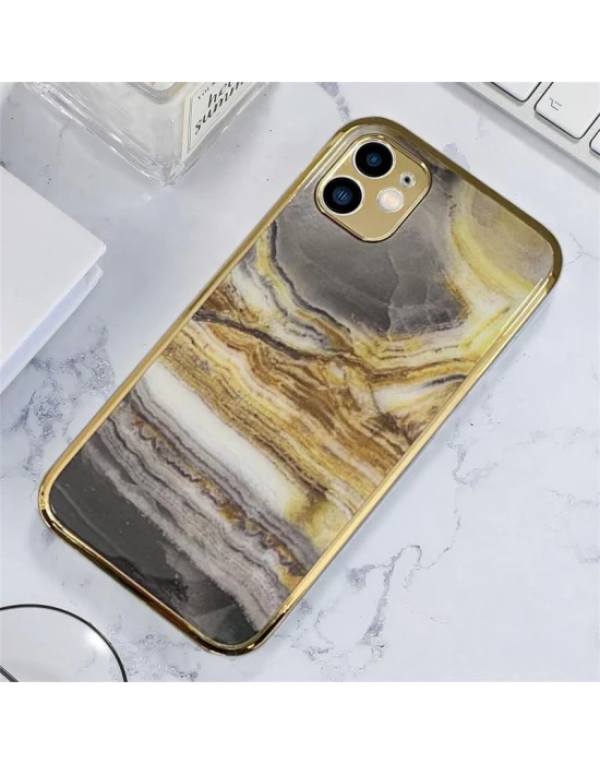İphone 11 Marble Parlak Mermer Desenli Cam Kare Telefon Kılıfı