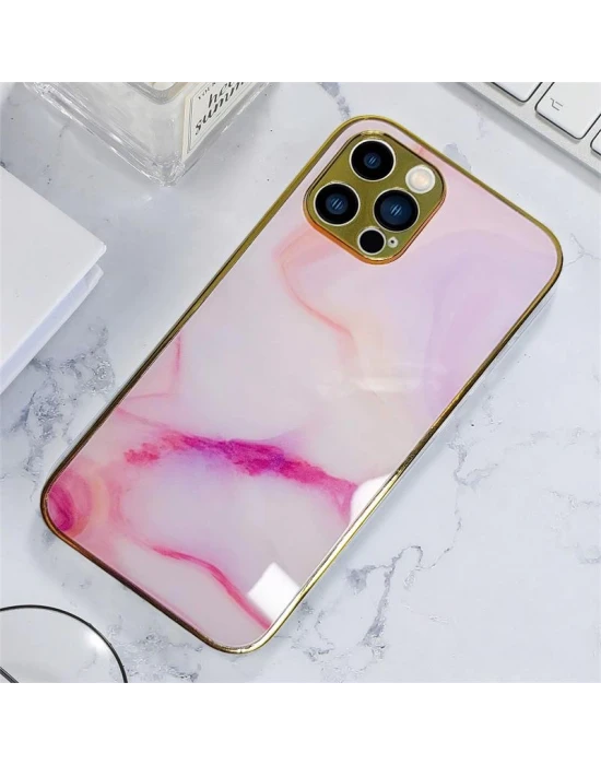 İphone 12 Pro Max Marble Parlak Mermer Desenli Cam Telefon Kılıfı