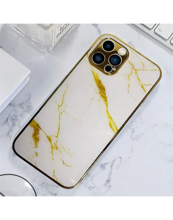 İphone 12 Pro Max Marble Parlak Mermer Desenli Cam Telefon Kılıfı