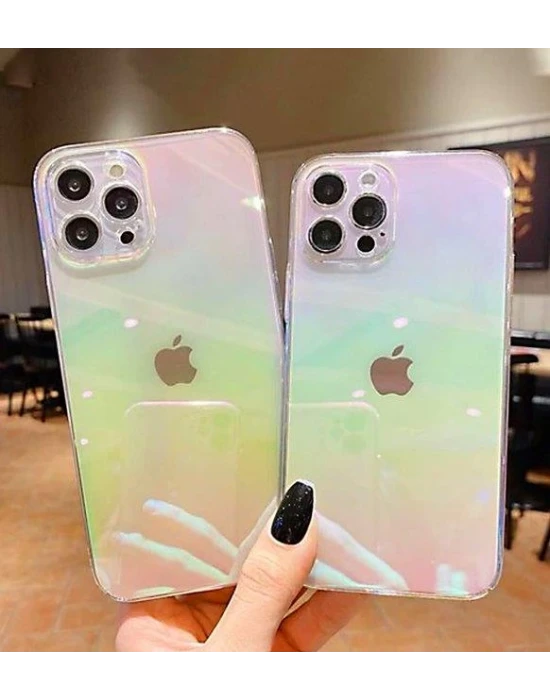 iPhone 13 Pro Max Parlak Rainbow Holografik Kamera Korumalı Sert Kılıf