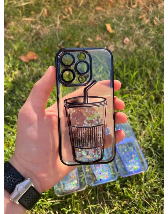 İphone 14 Bardak Desenli Simli Sulu Silikon Telefon Kılıfı
