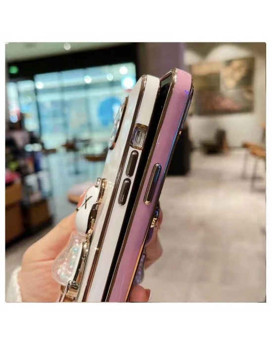 İphone 14 Glossy Yumuşak Ayıcıklı Boncuklu Stantlı Telefon Kılıfı