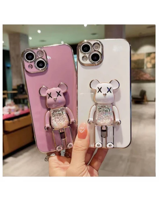 İphone 14 Glossy Yumuşak Ayıcıklı Boncuklu Stantlı Telefon Kılıfı