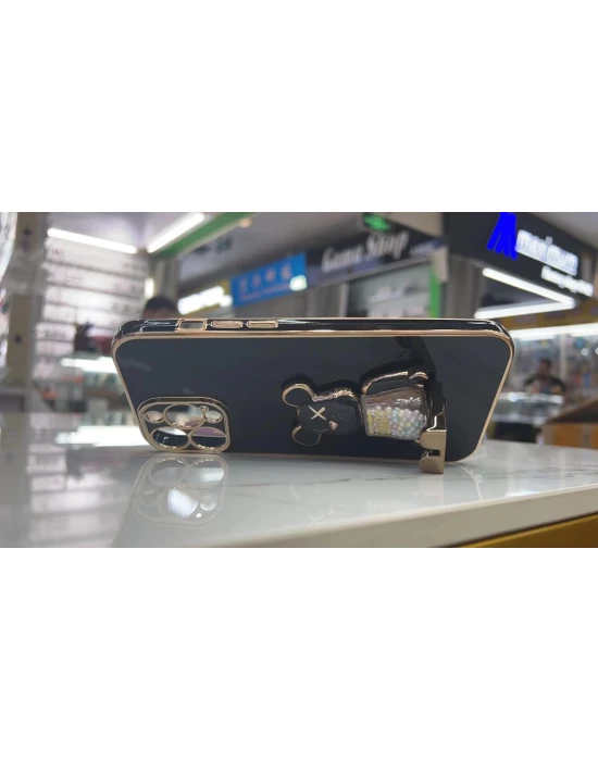 İphone 14 Glossy Yumuşak Ayıcıklı Boncuklu Stantlı Telefon Kılıfı