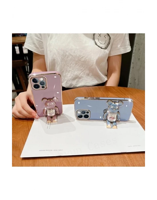 İphone 14 Glossy Yumuşak Ayıcıklı Boncuklu Stantlı Telefon Kılıfı