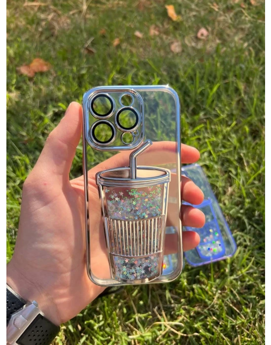 İphone 14 Pro Bardak Desenli Simli Sulu Silikon Telefon Kılıfı