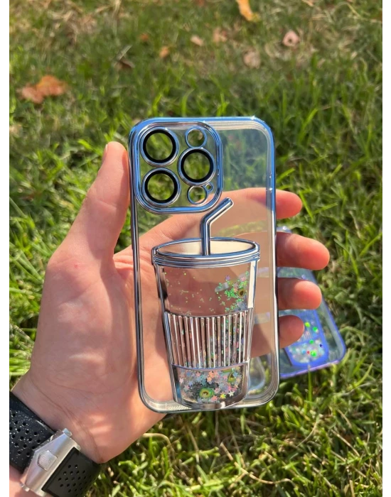 İphone 14 Pro Bardak Desenli Simli Sulu Silikon Telefon Kılıfı