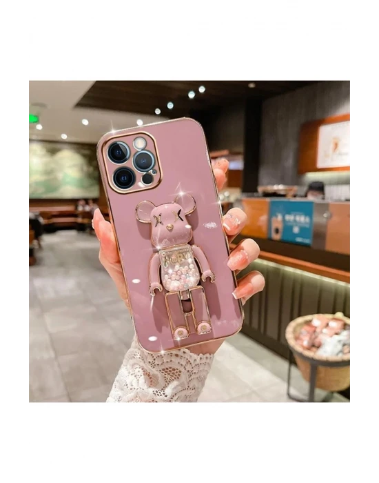 İphone 14 Pro Glossy Yumuşak Ayıcıklı Boncuklu Stantlı Telefon Kılıfı