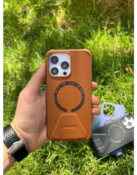 İphone 14 Pro Magsafe Leather Stantlı Telefon Kılıfı