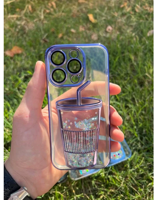 İphone 14 Pro Max Bardak Desenli Simli Sulu Silikon Telefon Kılıfı