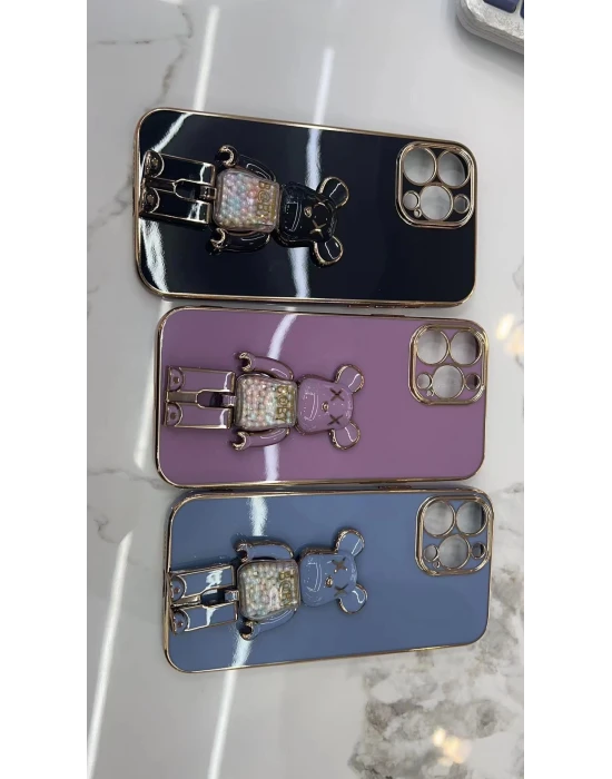 İphone 14 Pro Max Glossy Yumuşak Ayıcıklı Boncuklu Stantlı Telefon Kılıfı