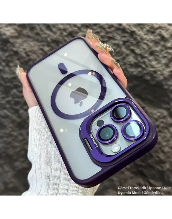 iPhone 14 Pro Max Uyumlu Kılıf Klon Stantlı + Lens Korumalı MagSafe Telefon Kılıfı