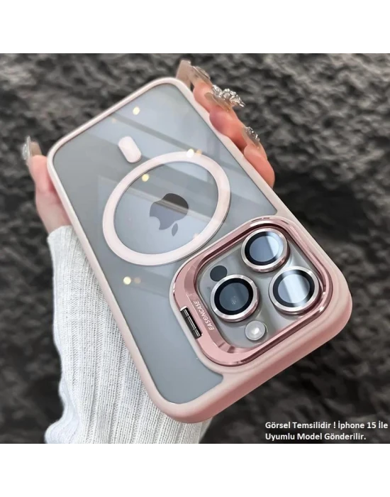 iPhone 15 Plus Uyumlu Kılıf Klon Stantlı + Lens Korumalı MagSafe Telefon Kılıfı