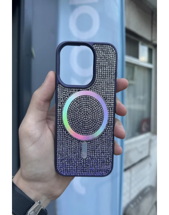 İphone 15 Pro Kılıf Diamont MagSafe Hologramlı Telefon Kılıfı