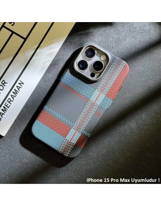 İphone 15 Pro Max ile Uyumlu Magsafe Özellikli Karışık Desenli Renkli Carbon Premium Kılıf