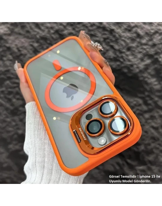 iPhone 15 Pro Uyumlu Kılıf Klon Stantlı + Lens Korumalı MagSafe Telefon Kılıfı