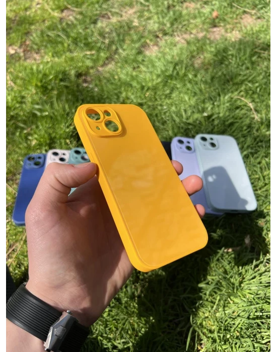 İphone 15 Uyumlu Parlak Premium Renkli Cam Telefon Kılıfı