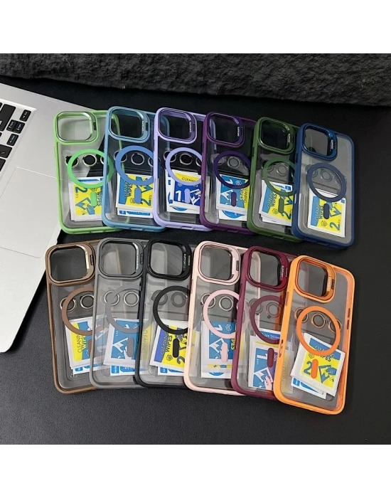 iPhone 16 Pro Max Uyumlu Kılıf Klon Stantlı + Lens Korumalı MagSafe Telefon Kılıfı