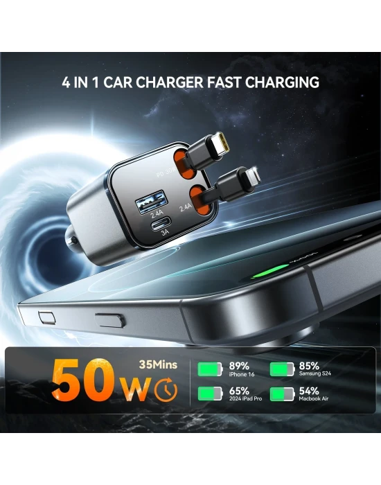 Joyroom 50W 4 Port pd+Usb+Çekmeli Araç Şarj Çakmaklık