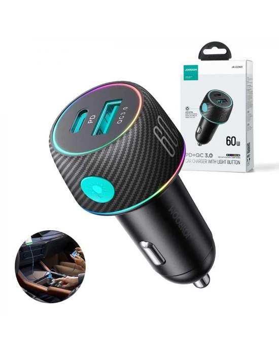 JOYROOM 60W USB/USB-C / Type-C Araç Şarj Cihazı Siyah Çakmaklık