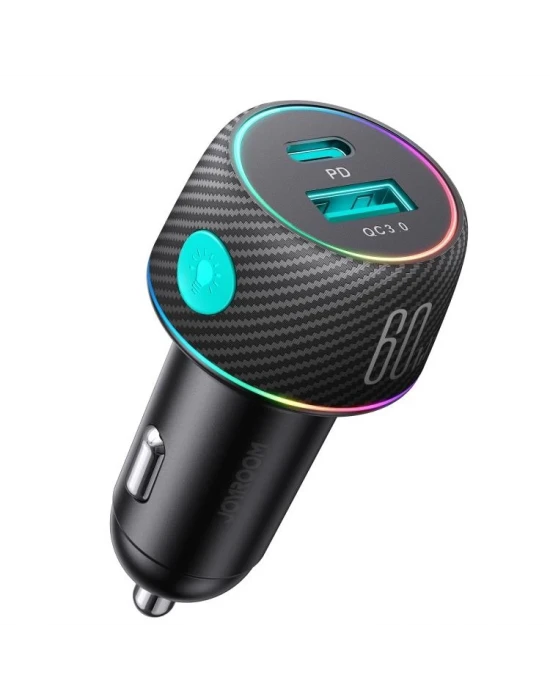 JOYROOM 60W USB/USB-C / Type-C Araç Şarj Cihazı Siyah Çakmaklık