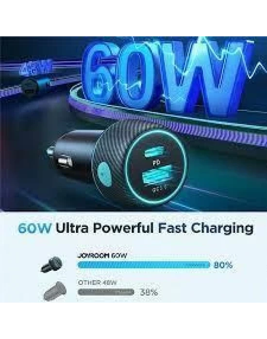 JOYROOM 60W USB/USB-C / Type-C Araç Şarj Cihazı Siyah Çakmaklık