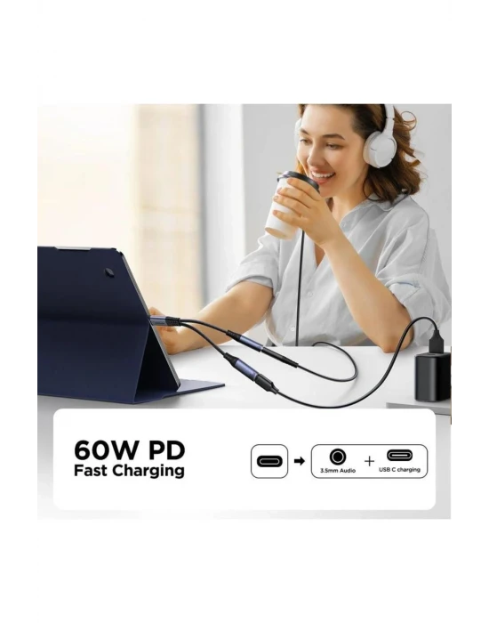 Joyroom Audio Adaptör 2İN1 (Type-C to 3.5mm+Type-C)-Siyah