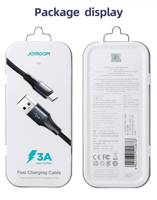 Joyroom S-1230N6 iPhone Lightning Hızlı Şarj ve Data Kablosu Örgü 3A 1.2M Siyah