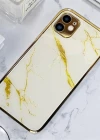 İphone 11 Marble Parlak Mermer Desenli Cam Kare Telefon Kılıfı