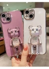 İphone 14 Glossy Yumuşak Ayıcıklı Boncuklu Stantlı Telefon Kılıfı