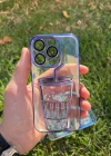 İphone 14 Pro Bardak Desenli Simli Sulu Silikon Telefon Kılıfı