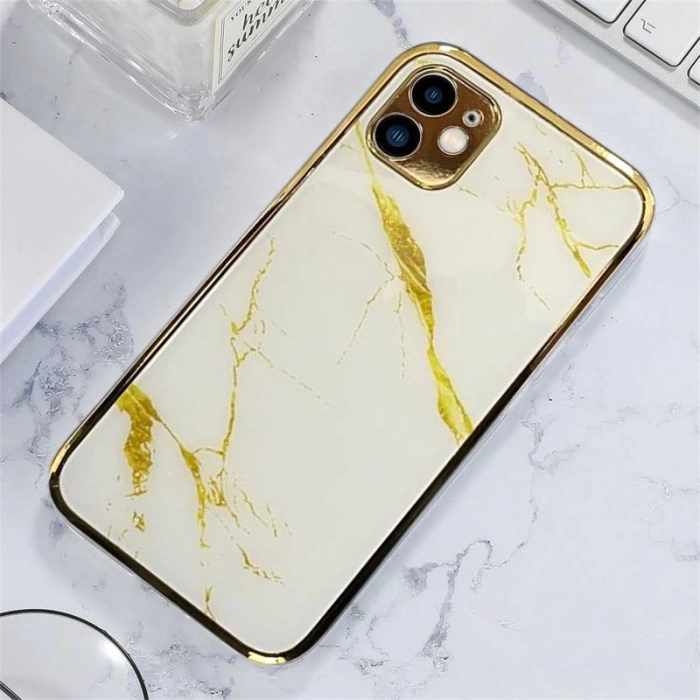 İphone 11 Marble Parlak Mermer Desenli Cam Kare Telefon Kılıfı