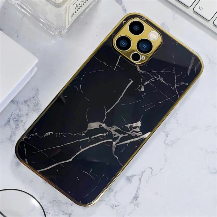 İphone 12 Pro Max Marble Parlak Mermer Desenli Cam Telefon Kılıfı